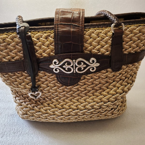 Vintage Brighton Kora Straw Summer Bag W/Genuine Chocolate Leather Double Handles Makes A Nice Gift