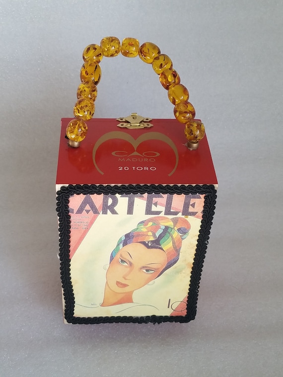Vintage Red Cigar Box Top Handle Clutch Handbag Li