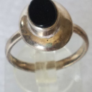 Vintage Black Onyx on Sterling Silver Straight Thin Band Size 7.5 Unisex Minimalist Ring