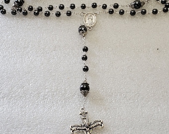 Vintage Hematite Beaded Rosary W/Crucifix & St. Bernadette First Holy Communion Catholic Relic