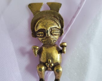 Vintage Alva Studio Pre-Columbian Figural Brooch in Gold Tone Metal Possibly A Fertility God