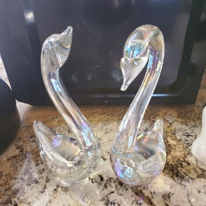 Vintage Hand-Blown Glass Swan Figurines: Iridescent Base, 1988 Taiwan