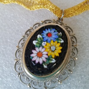Price Drop Vintage Italian Micro Mosaic & Silver Filigree Border Bezel and Floral Motif Pendant W/ Gold Mesh Metal Ribbon