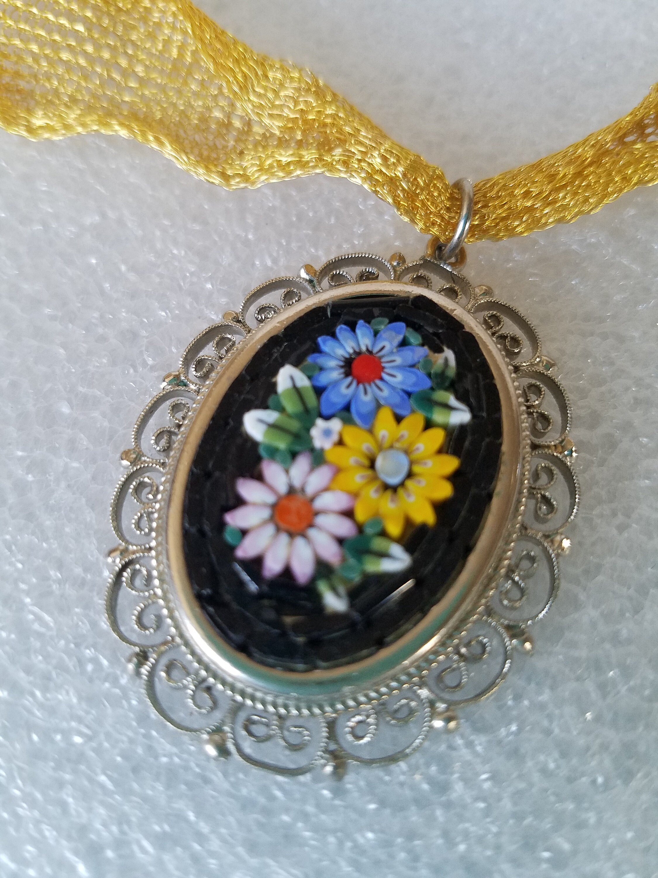 Vintage Italian Micro Mosaic Floral Pendant, Sterling Silver Oval 