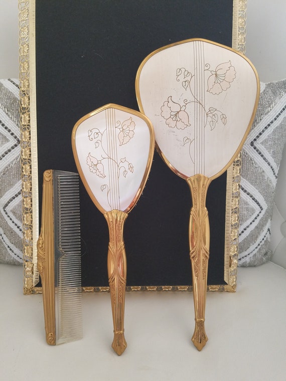 Vintage Art Nouveau Vanity Set: Gold Floral Mirror Tray & 3  display picture 1