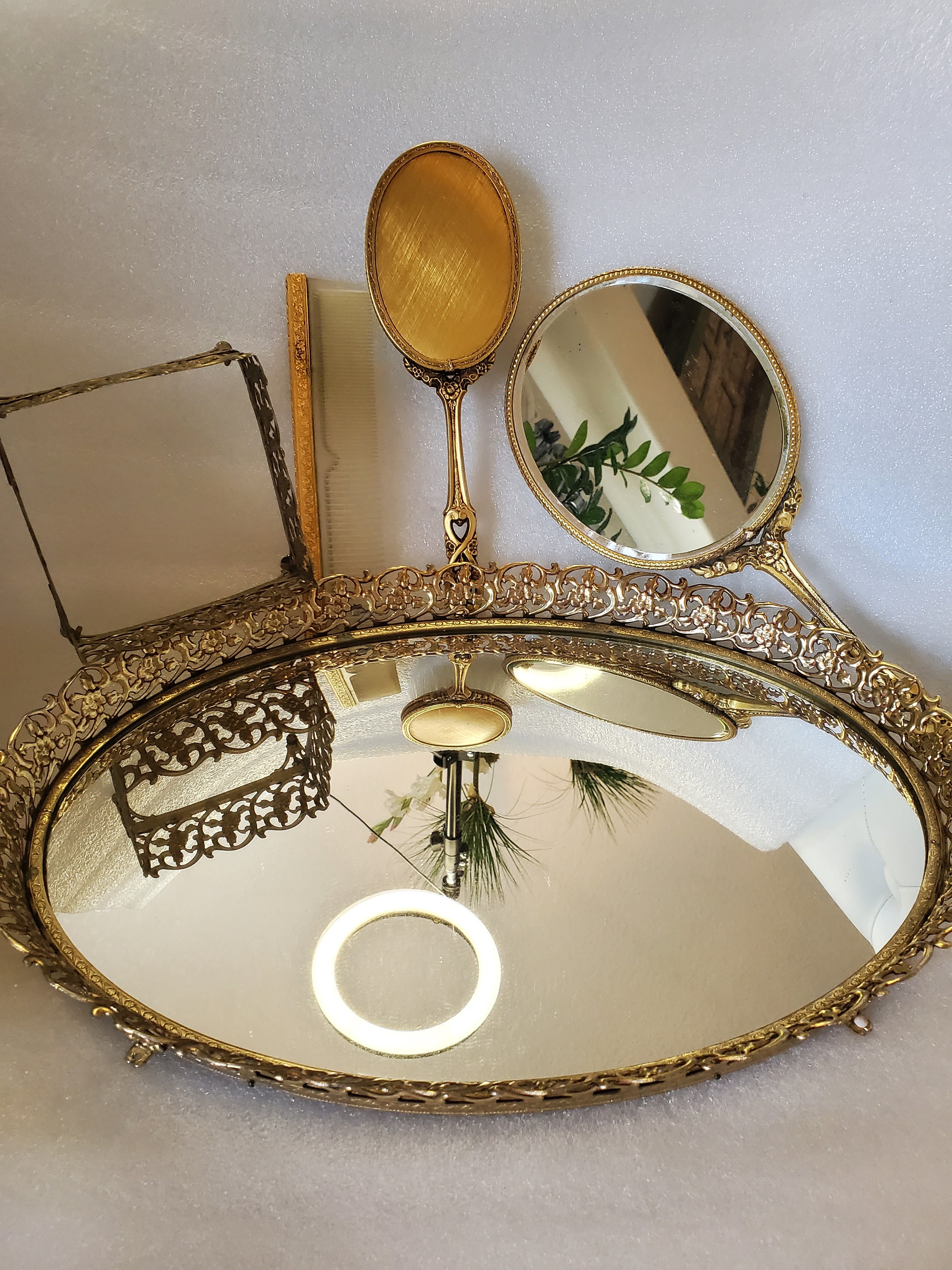 Vintage Vanity Set: Gold Floral Mirror Tray, Brush, Comb & Holder