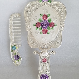 Vintage Elegant Purple & Red Enameled Roses Comb N Mirror Set Can Be Folded Great for Traveling