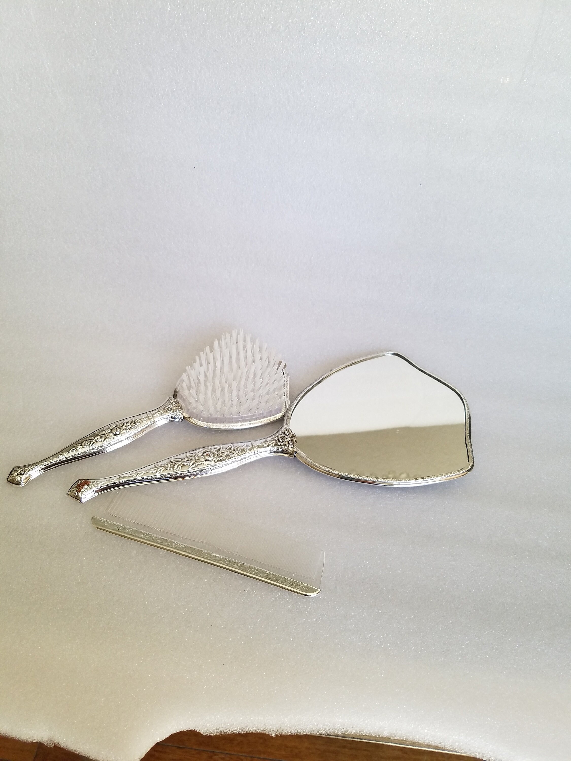 New But Vintage Matson Silver Vanity Set: Dogwood & Bird Hollywood