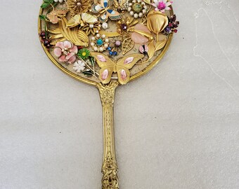 Repurposed Pink Mosiac Butterflies & Ladies Bugs N Floral Bezels Handheld Round Mirror Boudoir Decor