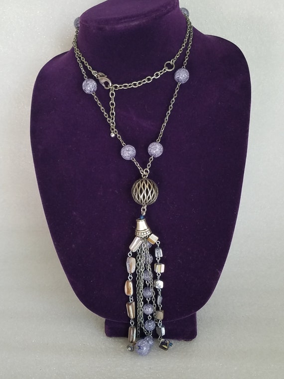 Vtg. Chico's Long Chain Necklace With Lavender Cra
