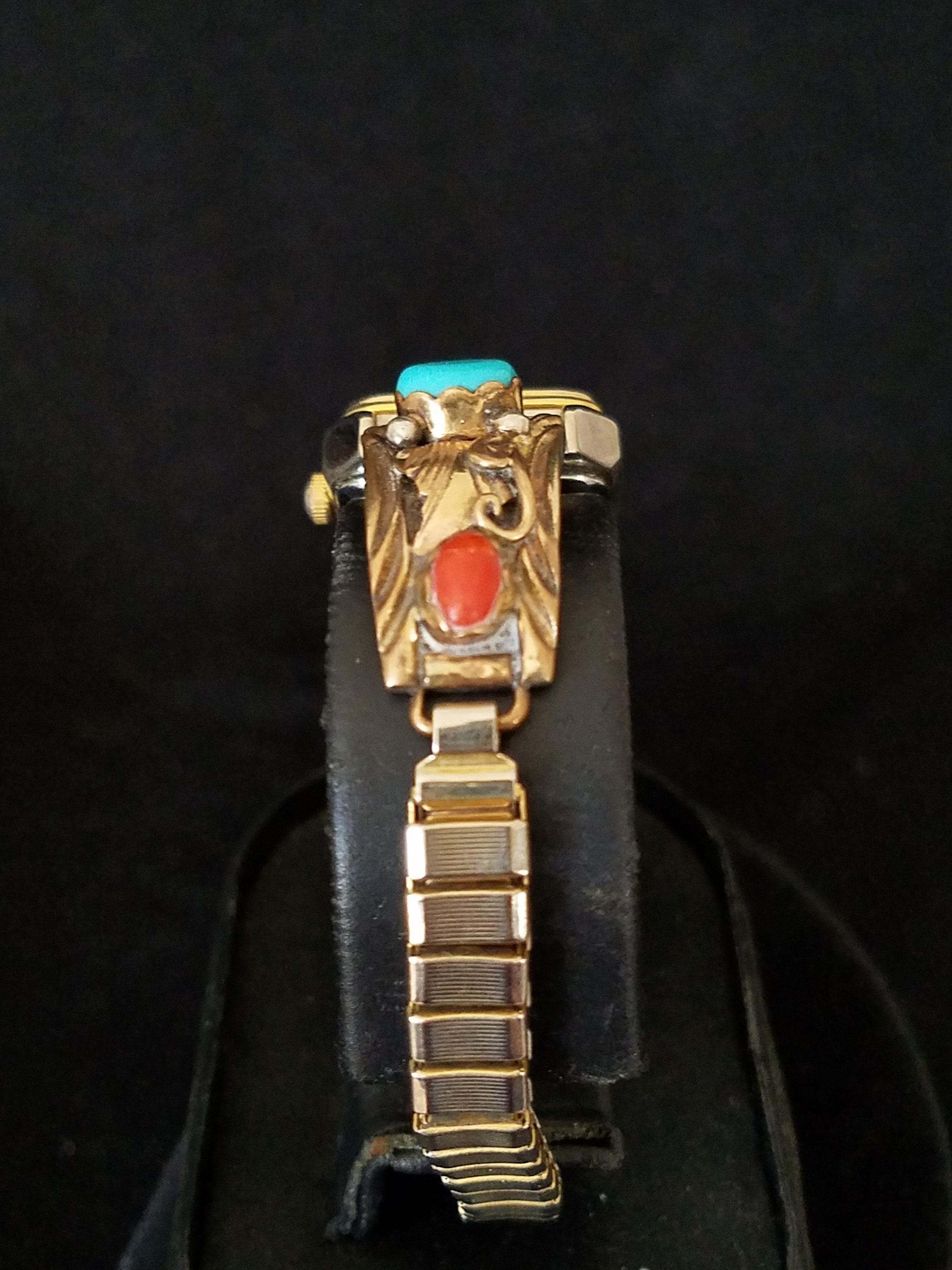 S Ray Navajo Signed Sterling Watch Tips Women Turquoise Coral Gold Plated Leaves Southwestern Navajo Sterling Silver Watch: Turquoise & Coral  main image 2