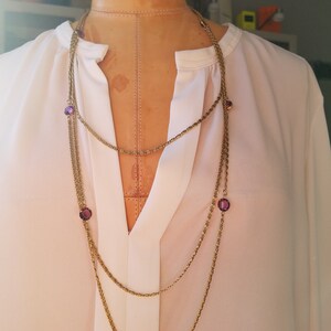 PRICE DROP Vintage Long Multi-Strand Gold Tone Metal Specialty Chain W/ Glass Round Purple Stations Makes a Great Gift