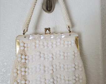 1960's Pearlized White Lucite Beaded Purse Made in Hong Kong Hand Beaded W/Kiss Clasp