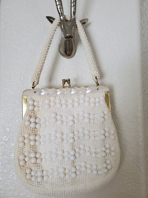 1960's Pearlized White Lucite Beaded Purse Made i… - image 1