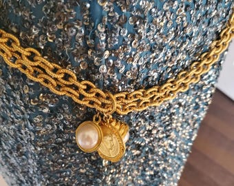 Vintage Gold Tone Faux Pearl Teardrop Chain Belt 
