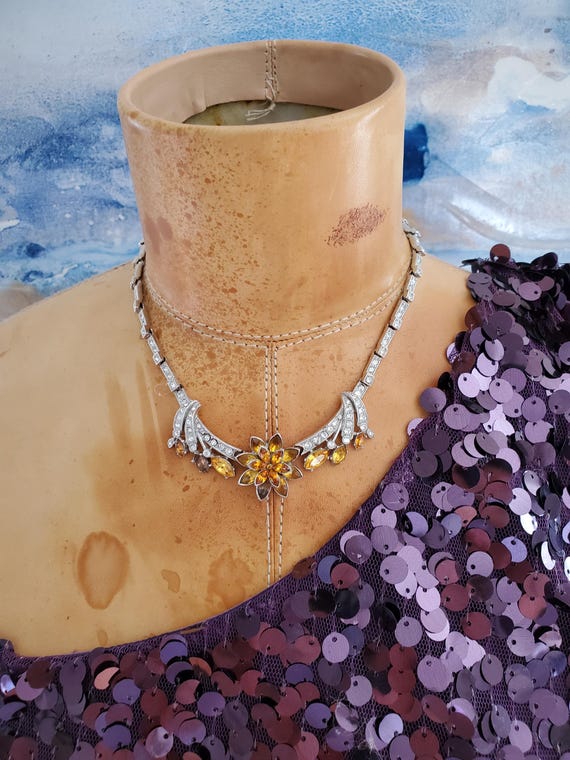 1950s ORA Rhinestone Necklace: Dark Yellow Marqui… - image 3