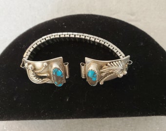 Navajo Watch Sterling & Turquoise Ladies Tips Signed "JJM" Julia J Martinez W/ Stretch Band