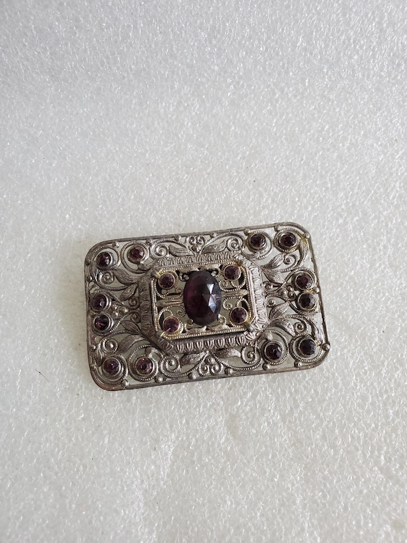 Vintage Silver Tone Rectangular Brooch W/Purple B… - image 1