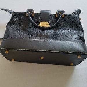 Vtg. Sturdy Genuine Black Embossed Leather Powerland Handbag With Logo PL image 5