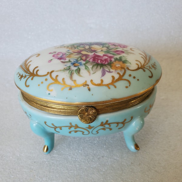 Vintage Porcelain Footed Hand painted Trinket W/Gold Enamel Trim For Dresser Or Vanity Decor
