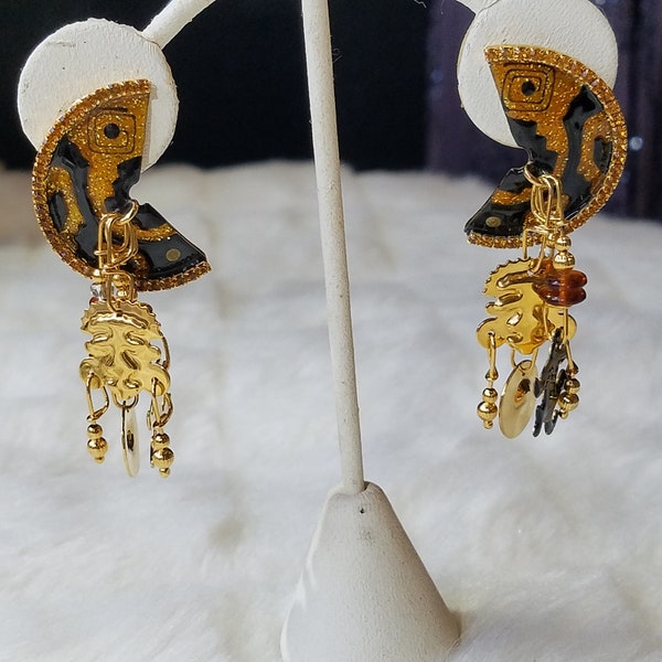 Vintage" Lunch at The Ritz" Earrings "Mayan Mexican Theme In 24K Gold EP" Black Enamel Half Moon Shape With Dangling Beaded Strands