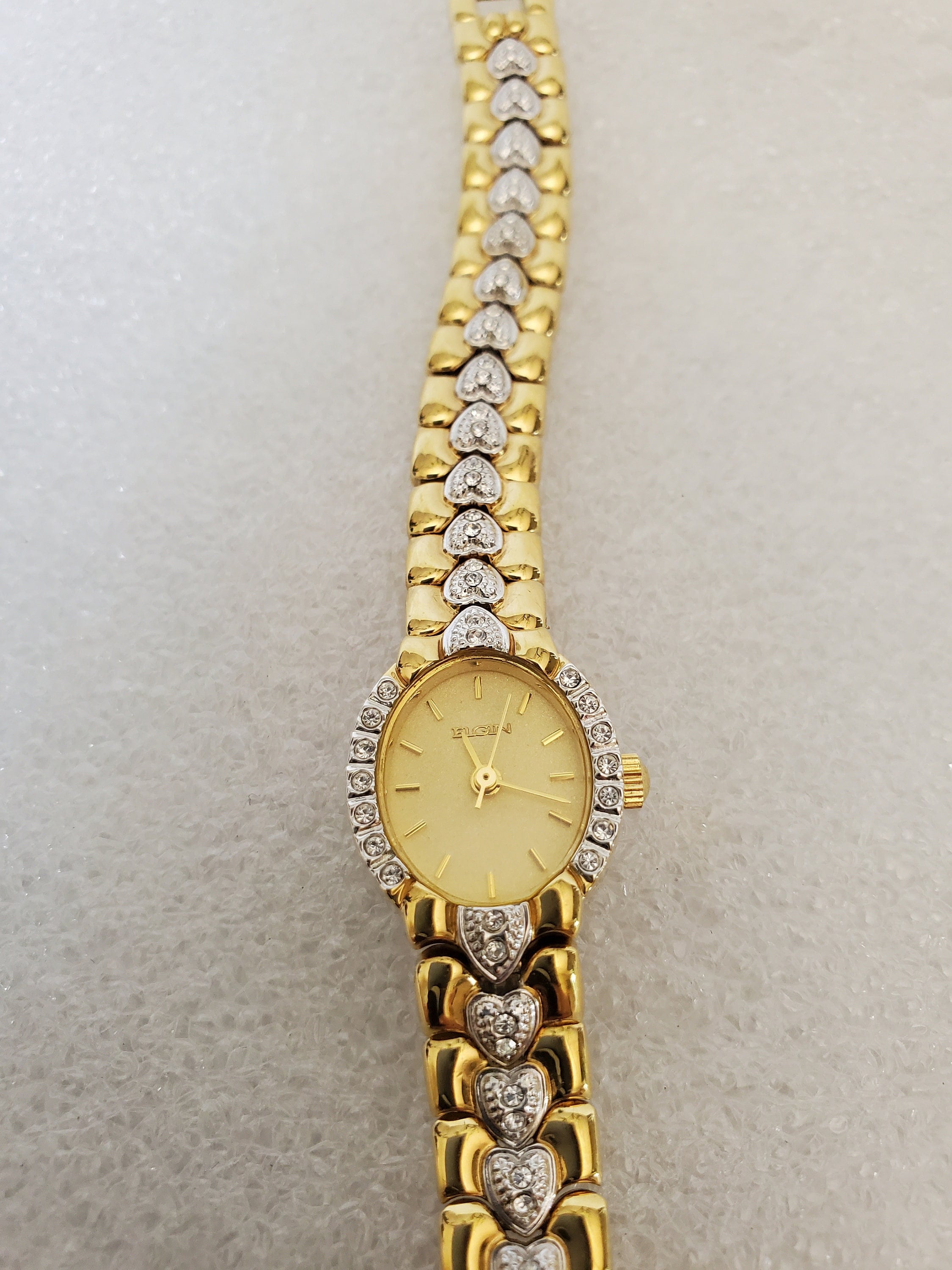 Vintage Elgin Ela72b Crystal Hearts in Two Tone Ladies Watch 