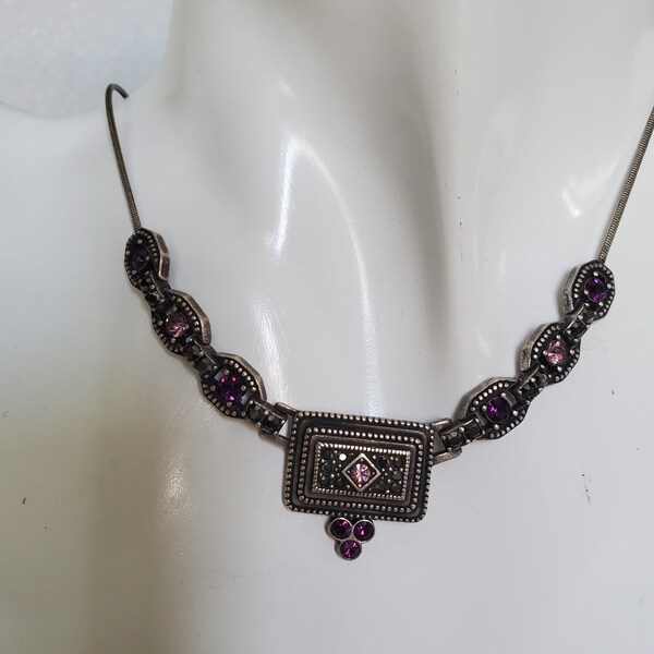 Vintage Art Deco Style Multi-Stone Necklace Pink & Purple And Marcasite Makes a Statement