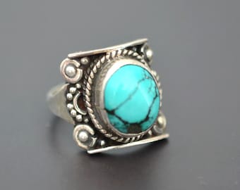 Nepali Turquoise Saddle Ring - Size 7.5 - Nepal Saddle Ring - Nepal Turquoise Ring - Tibetan Ring - Tibetan Turquoise Ring