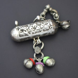 Silver Taviz Pendant with Cotton and Bells - Indian Tribal Pendant - Tribal Indian Amulet - Rajasthani Pendant