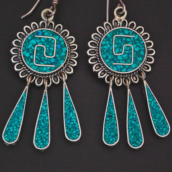 Mexican Turquoise Inlay Earrings with Dangles - Mexican Earrings - Mexican Jewelry - Mexican Silver Earrings - Ethnic Earrings