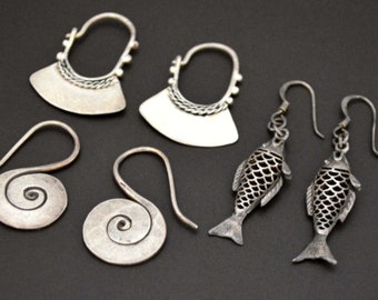 Set of Three Ethnic Silver Dangle Earrings