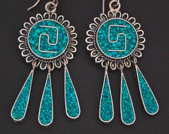 Mexican Turquoise Inlay Earrings with Dangles - Mexican Earrings - Mexican Jewelry - Mexican Silver Earrings - Ethnic Earrings