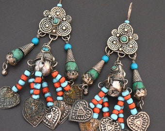 Huge Uzbek Coral Turquoise Dangle Earrings - Central Asian Earrings - Tribal Coral Turquoise Earrings - Uzbekistan Jewelry