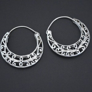 Ethnic Hoop Earrings with Cut Out Design - Sterling Silver Hoop Earrings