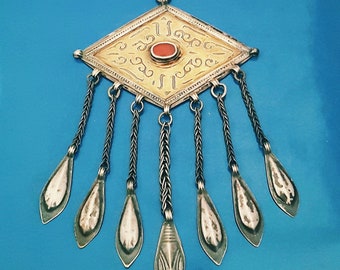 Antiker turkmenischer Anhänger mit Karneol und Baumeln - Turkmenische Tekke Vergoldete Amulett Halskette - Turkmenische Tschapraz