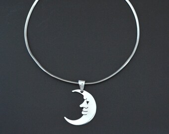 MOON MAGIC - Crescent Moon Amulet on Silver Neck Ring - Sterling Silver Moon Pendant - Crescent Moon Pendant - Moon Amulet