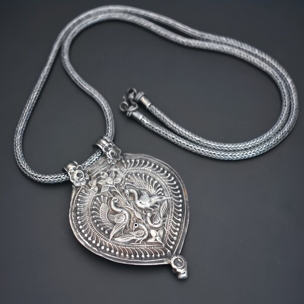 Rajasthani Silver Peacock Pendant on Snake Chain - Indian Silver Amulet - Tribal Rajasthani Pendant - Ethnic Jewelry