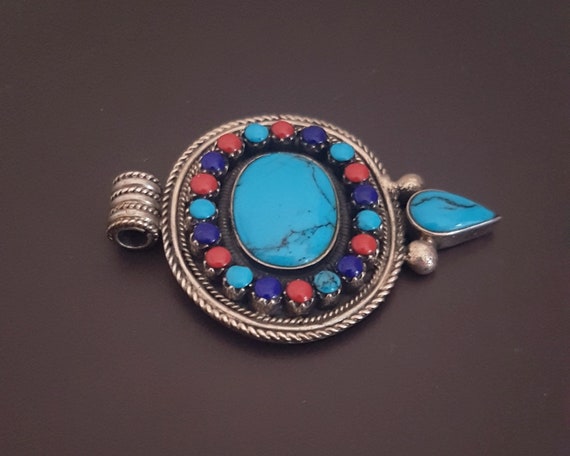 Nepali Turquoise Coral Lapis Pendant - Nepal Jewe… - image 3