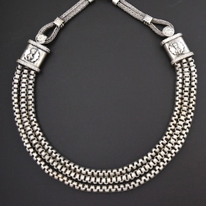 Heavy Bold Indian Silver Choker Three Strand Snake Chain Necklace- India Tribal Silver Necklace - Ethnic Tribal Indian Choker Necklace