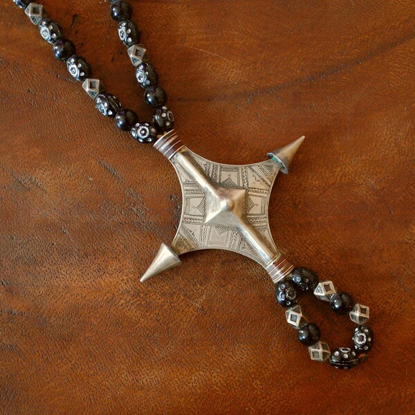 Tuareg "Egourou" Cross Necklace with Glass and Silver Beads