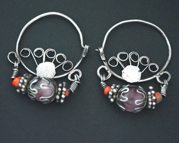 Uzbek Coral and Glass Hoop Earrings  - Tribal Earr