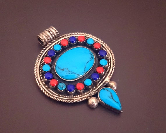 Nepali Turquoise Coral Lapis Pendant - Nepal Jewe… - image 2