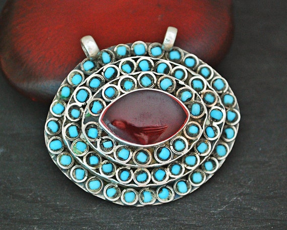 Turkmen Pendant with Carnelian and Turquoises - Tu