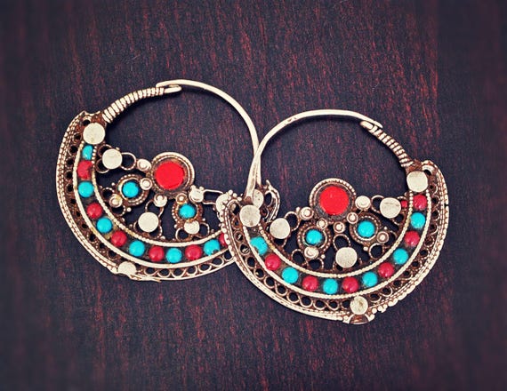Huge Afghani Tribal Hoop Earrings - Tribal Hoop Ea