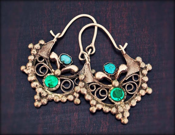 Items similar to Antique Afghan Tribal Hoop Earrings with Colored Glass ...