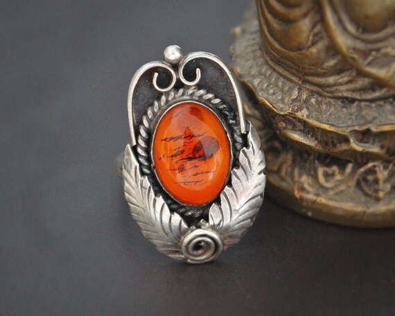 Navajo Amber Feather Ring - Size 6.5 - Native Amer
