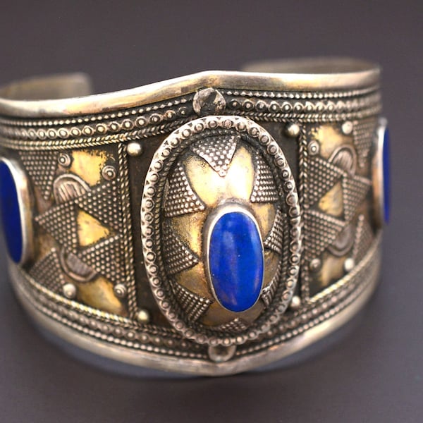 Vintage Kazakh Silver Lapis Lazuli Cuff Bracelet - Central Asian Bracelet