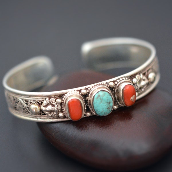 Nepali Turquoise Cuff Bracelet with Filigree Work - Nepali Jewelry - Nepal Cuff Bracelet