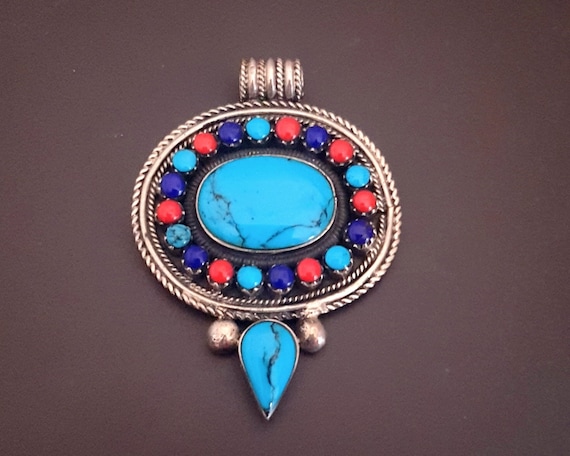 Nepali Turquoise Coral Lapis Pendant - Nepal Jewe… - image 1