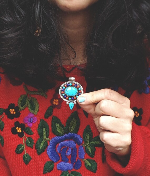 ネパール ターコイズ コーラル ラピスラズリ ペンダント - ネパール